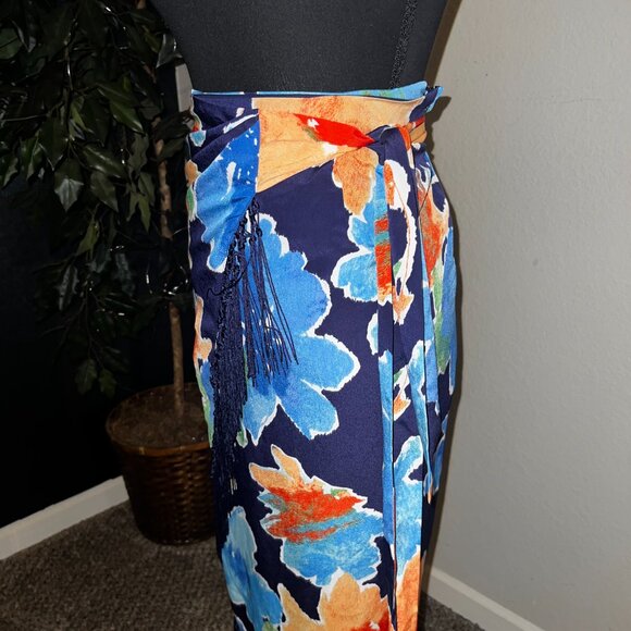 LRL Ralph Lauren Faux Wrap Floral Fringed Skirt (Blue, Orange & Red) - Picture 6 of 6